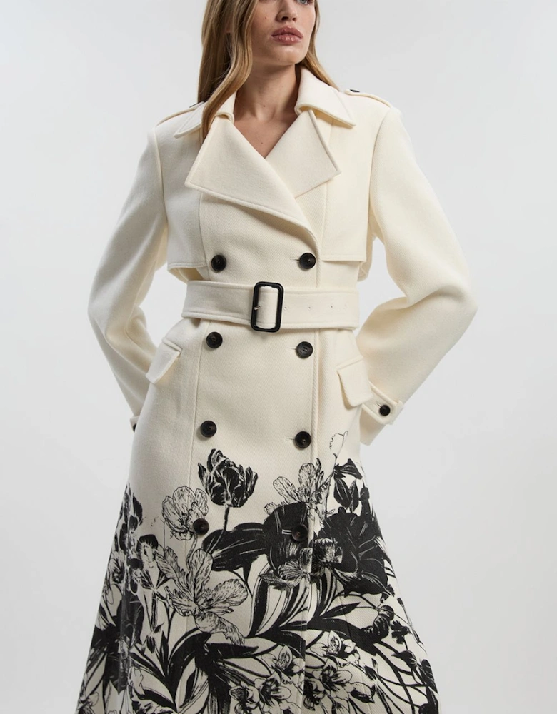 Petite Wool Placement Print Tailored Double Breasted Belted Midi Coat