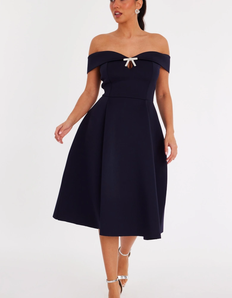 Navy Bardot Diamante Bow Midi Dress