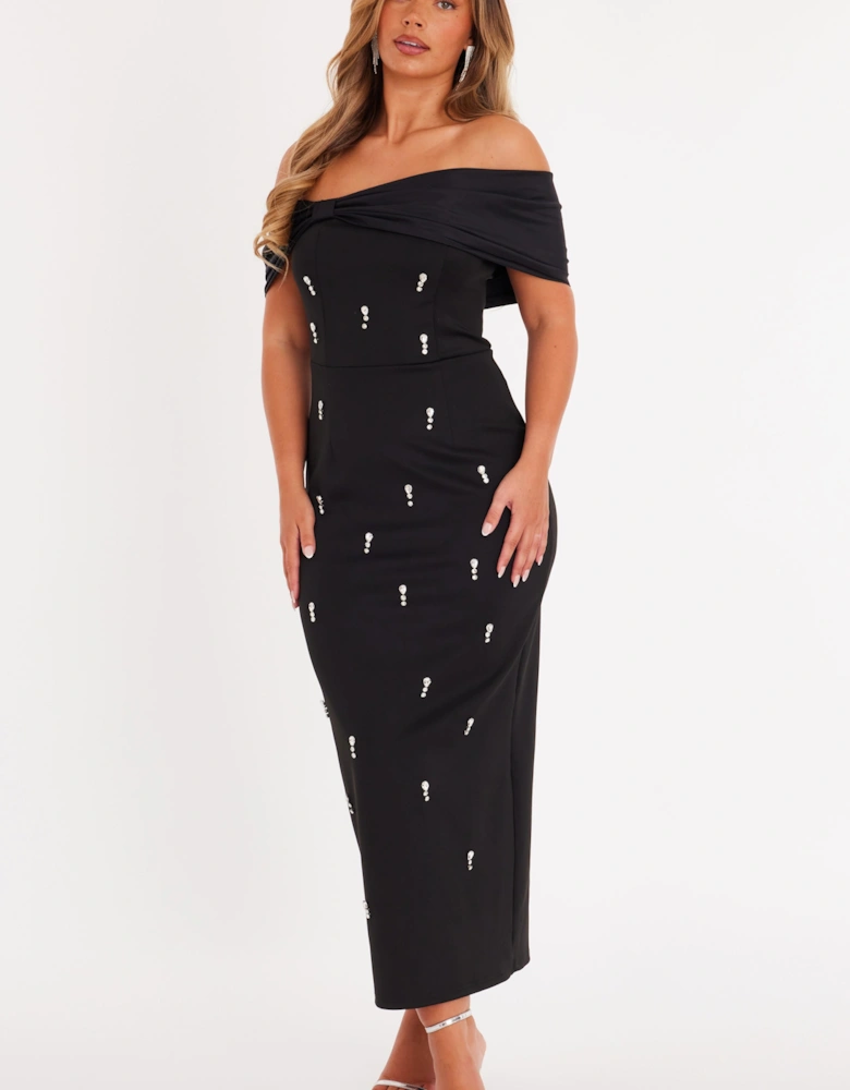 Black Embellished Bardot Midaxi Dress