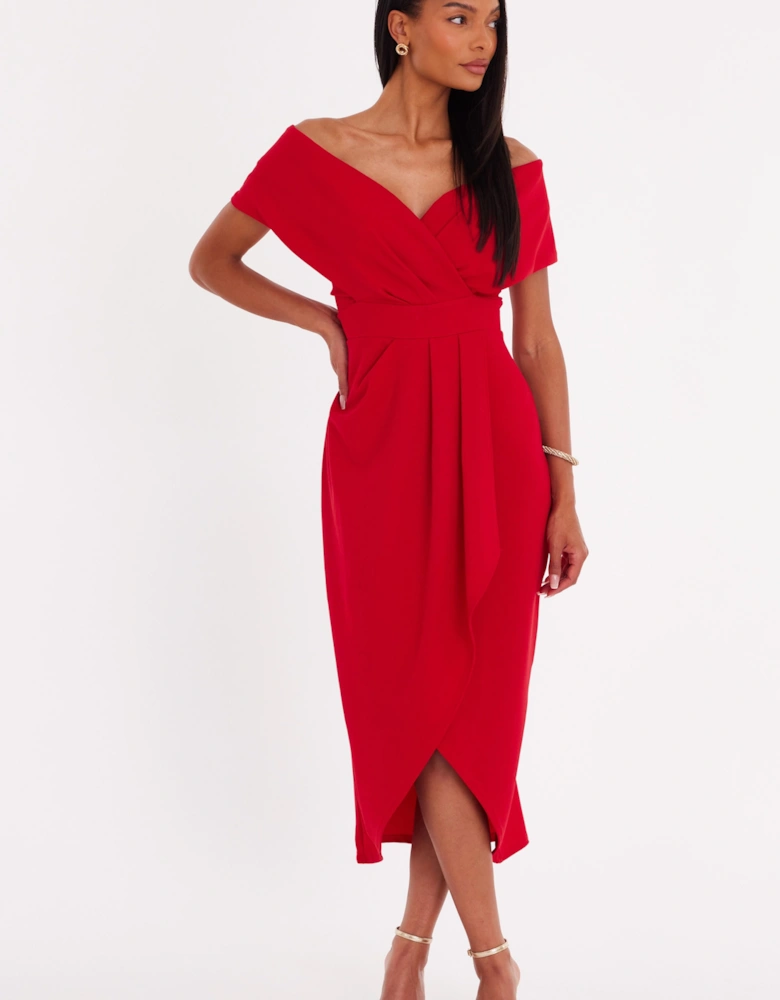 Red Bardot Wrap Midi Dress