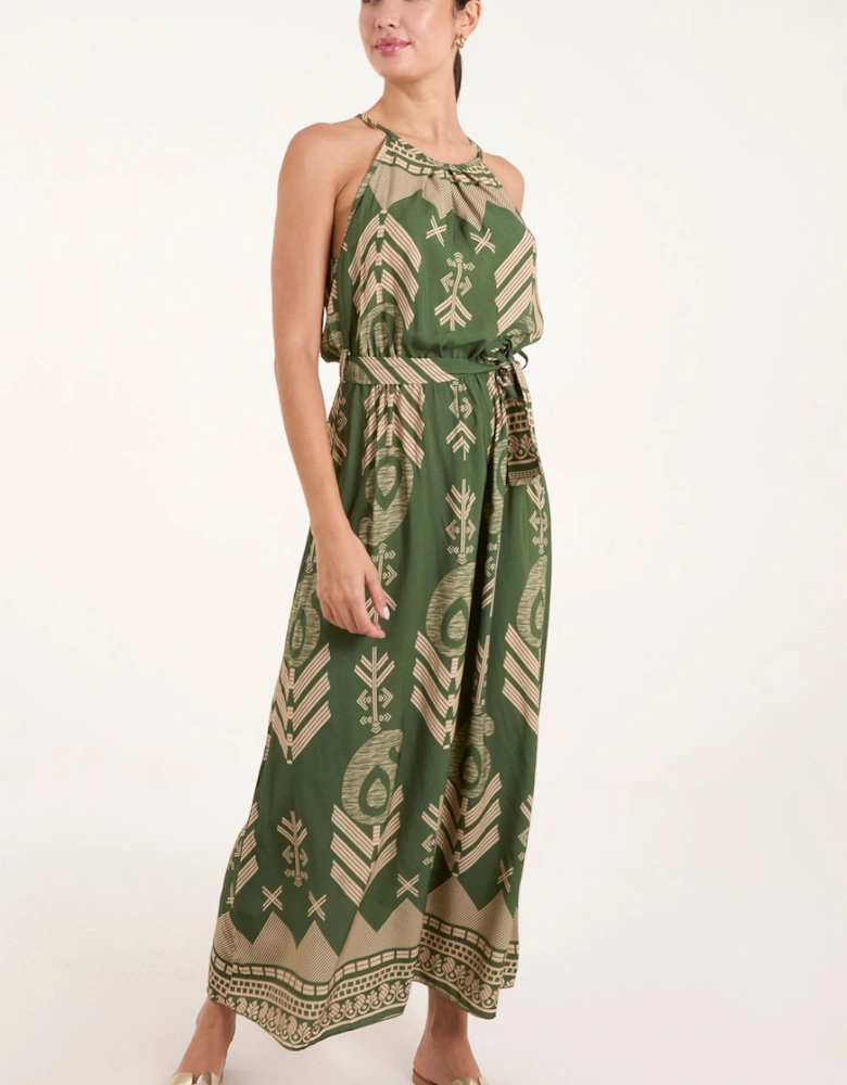 Abstract Halter Neck Belted Maxi Dress