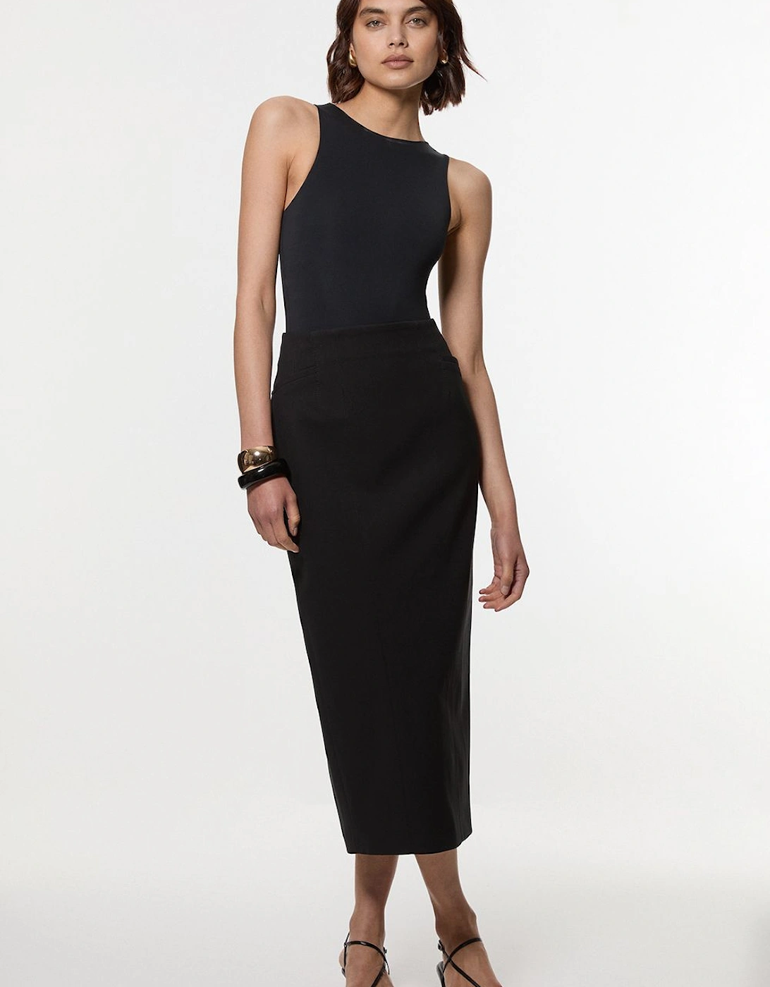 Compact Stretch Pocket Detail Tailored Midi Pencil Skirt, 2 of 1