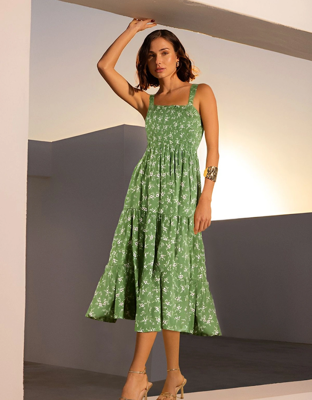 Orchid Print Smocked Midi Dress, 2 of 1