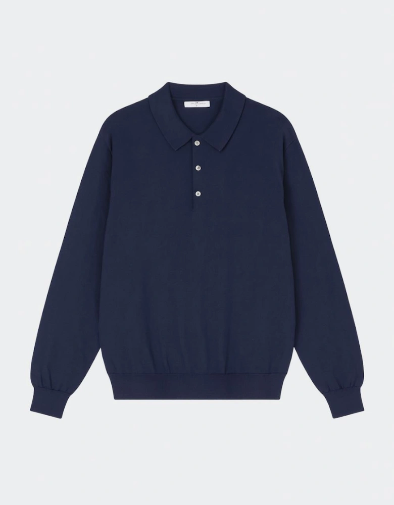 Men's Fitted Dark Blue Knitted Long Sleeve Polo Shirt