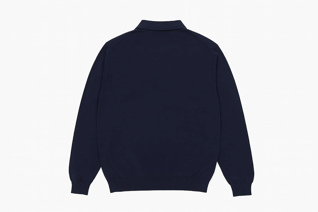 Men's Fitted Dark Blue Knitted Long Sleeve Polo Shirt