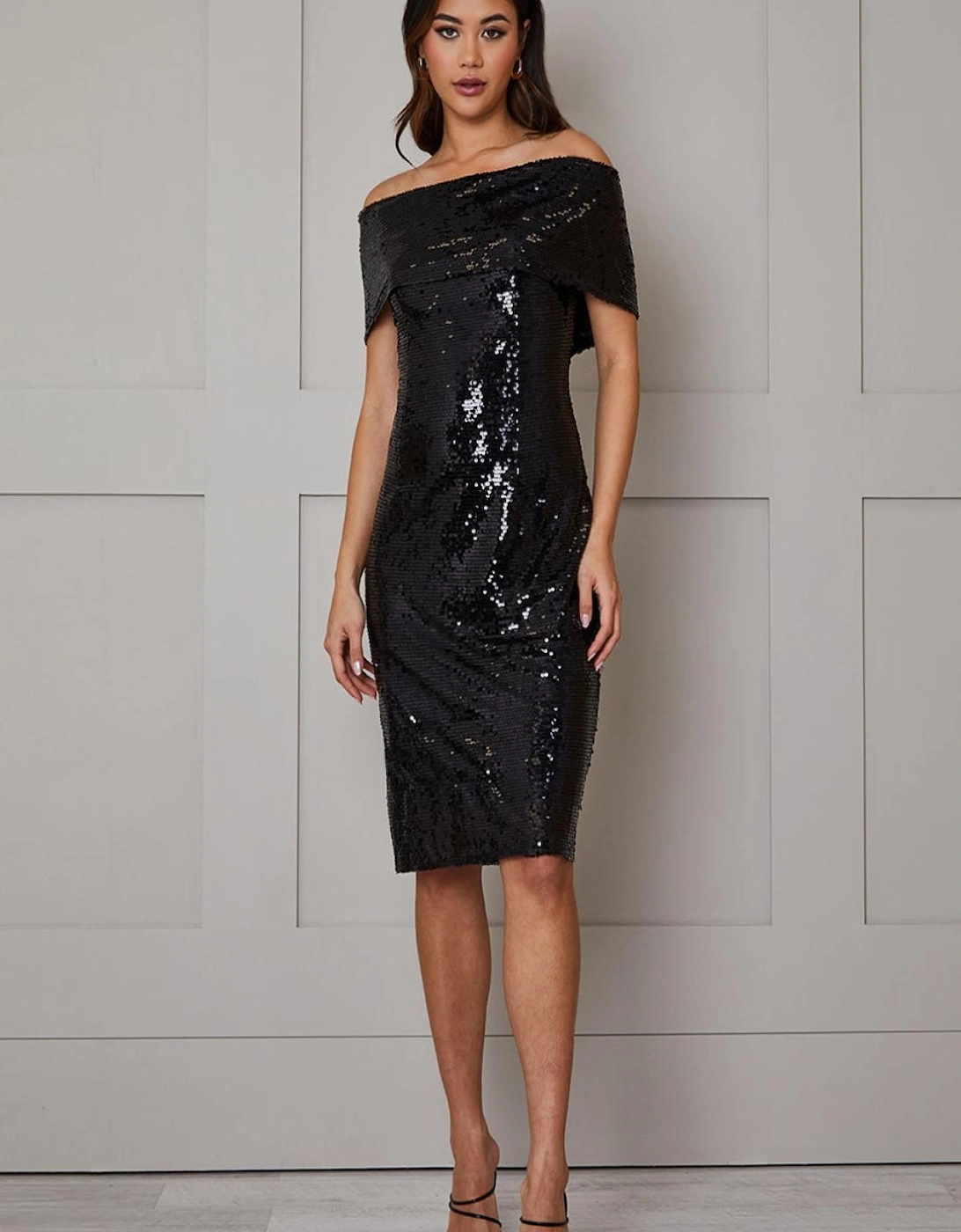 Bardot Sequin Bodycon Midi Dress in Black, 2 of 1
