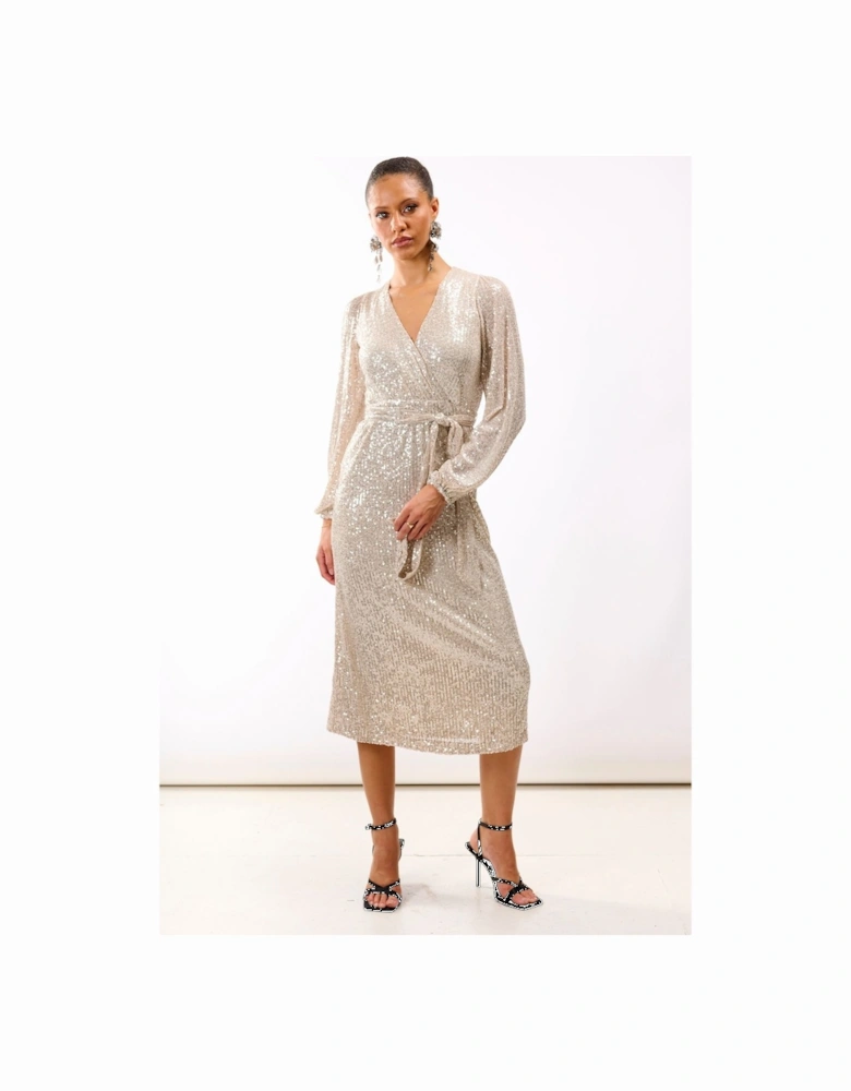 Cream Sequin Wrap Midi Dress