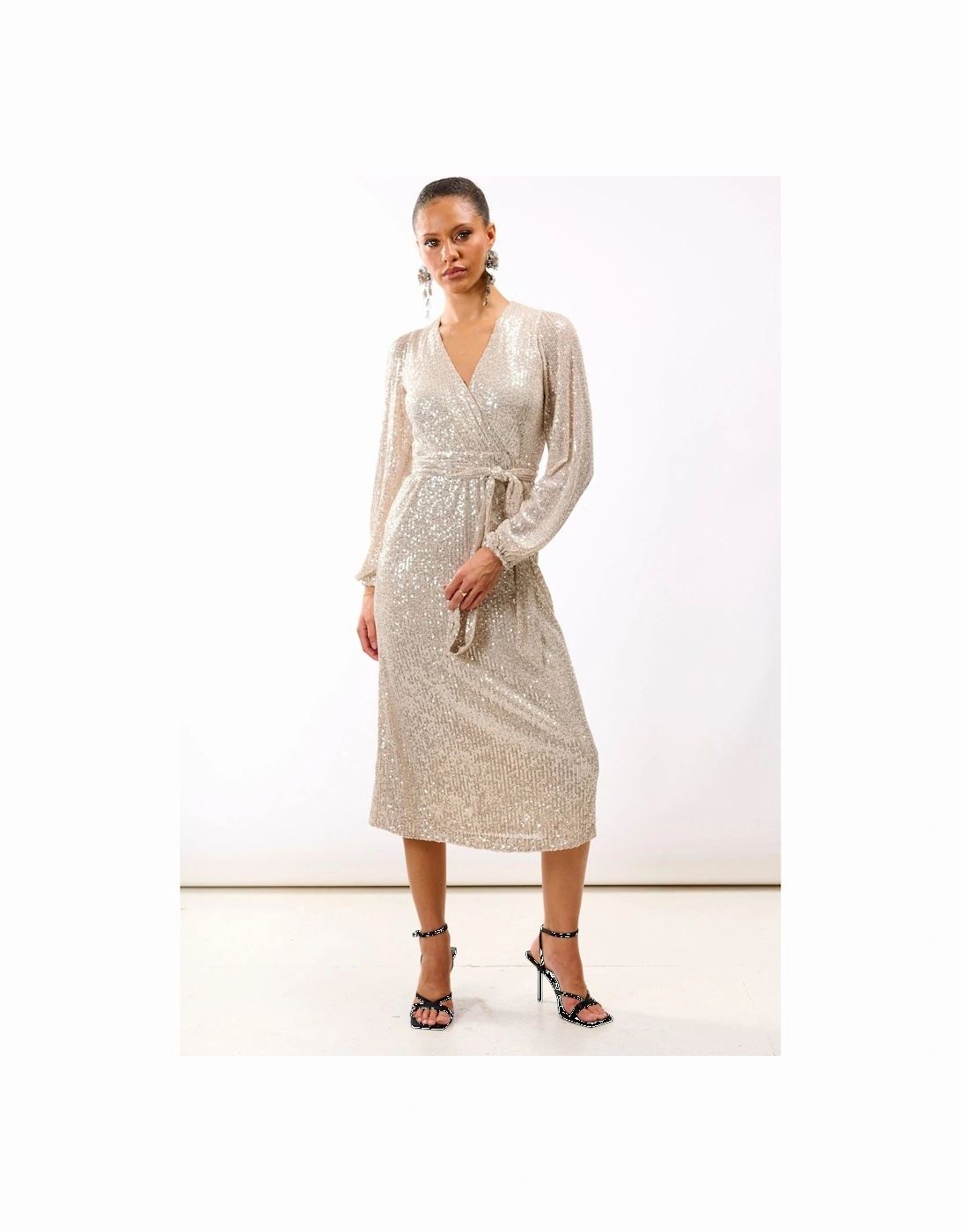 Cream Sequin Wrap Midi Dress, 2 of 1