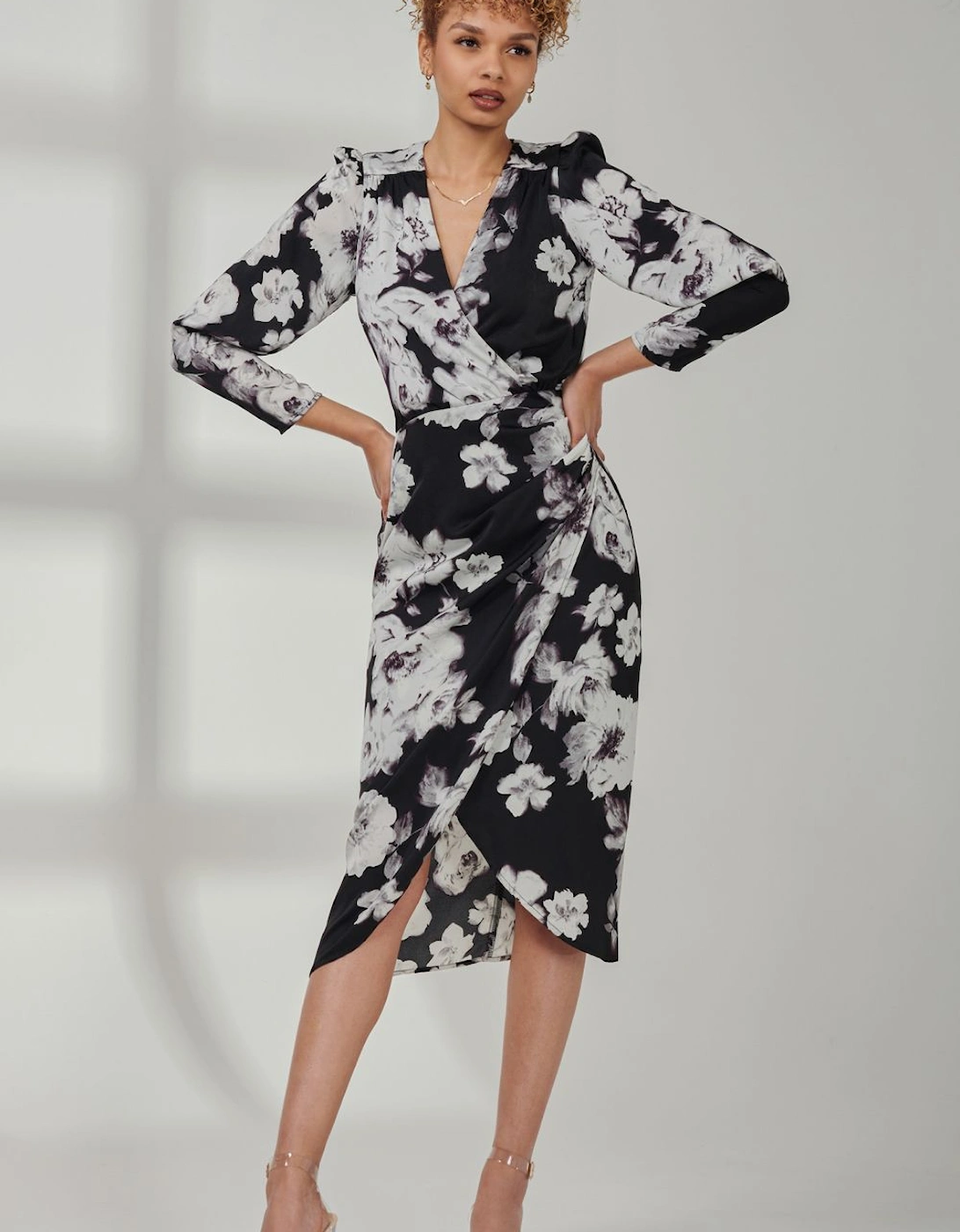 Print Satin Wrap Bodycon Dress, 2 of 1