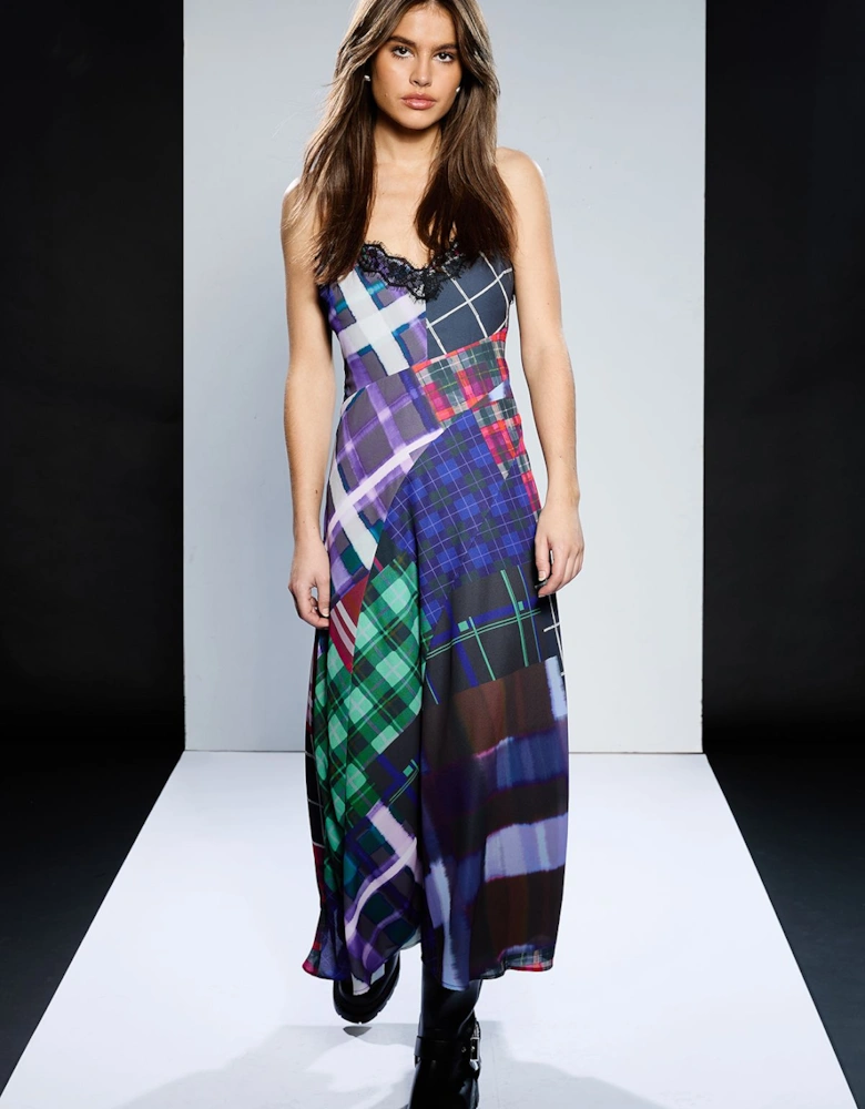 Strappy Lace Detail Check Midi Slip Dress