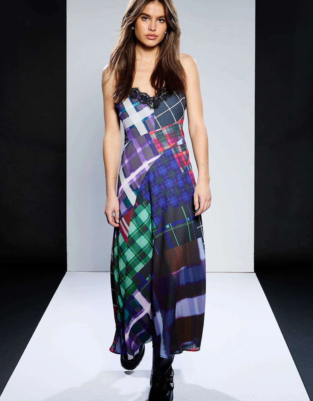 Strappy Lace Detail Check Midi Slip Dress, 2 of 1