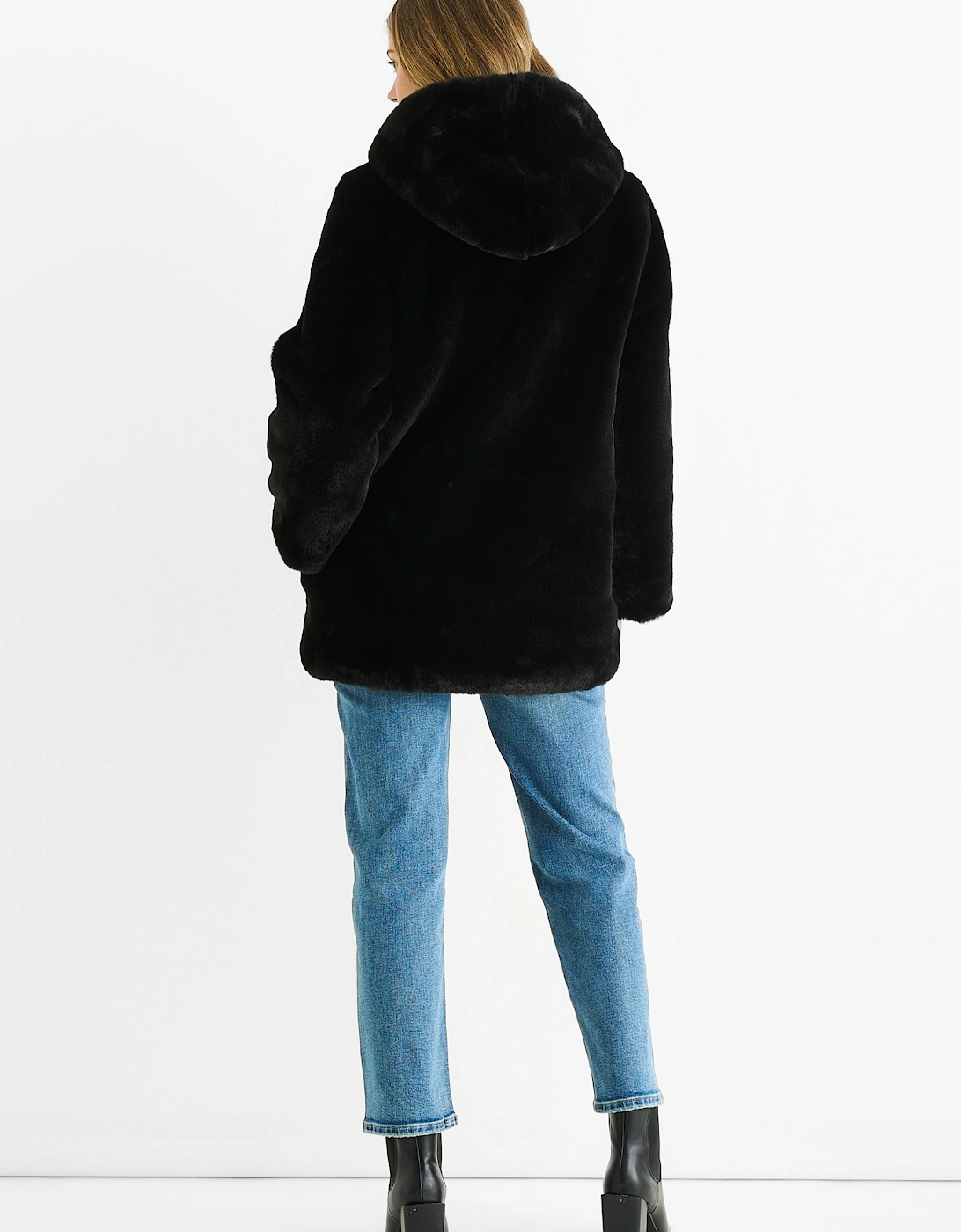 Black Hooded Long Sleeve Faux Fur Jacket