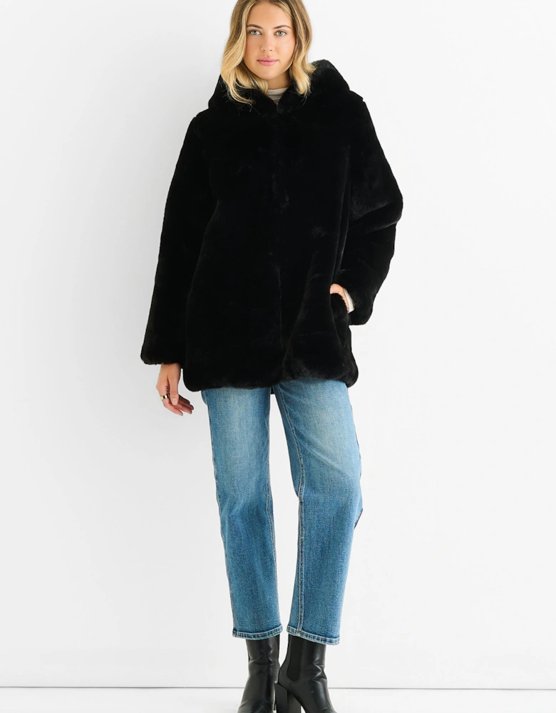 Black Hooded Long Sleeve Faux Fur Jacket