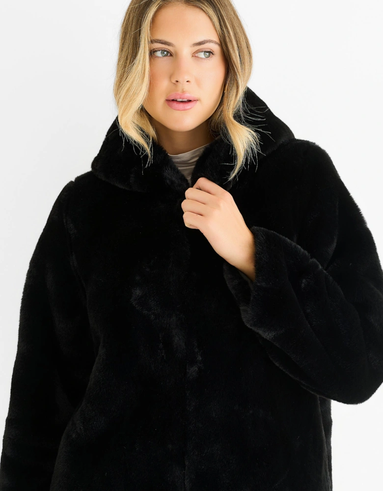 Black Hooded Long Sleeve Faux Fur Jacket