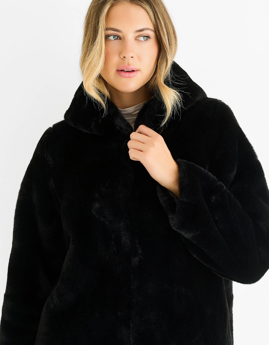 Black Hooded Long Sleeve Faux Fur Jacket