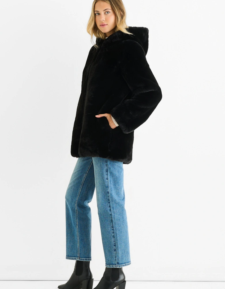 Black Hooded Long Sleeve Faux Fur Jacket