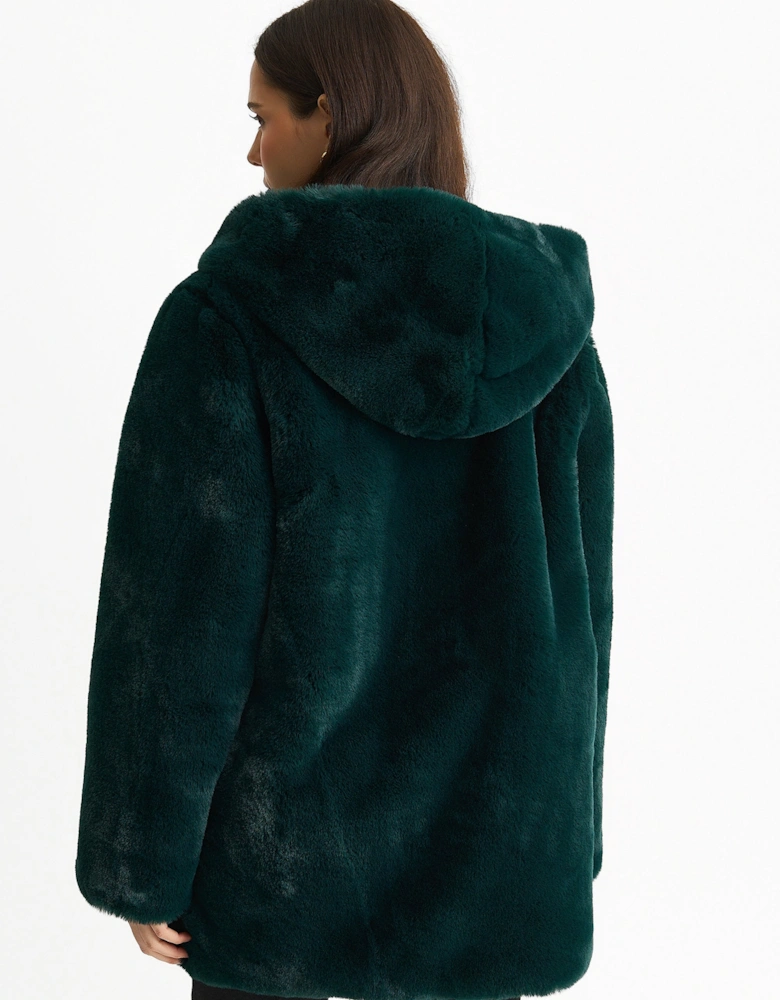 Emerald Green Hooded Long Sleeve Faux Fur Jacket