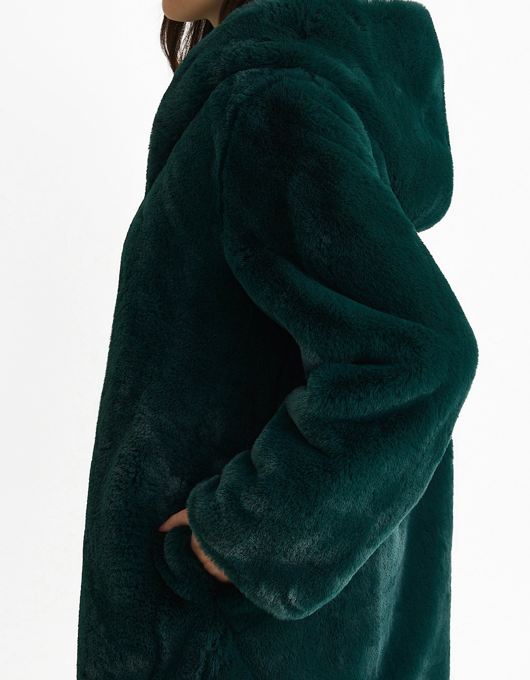 Emerald Green Hooded Long Sleeve Faux Fur Jacket
