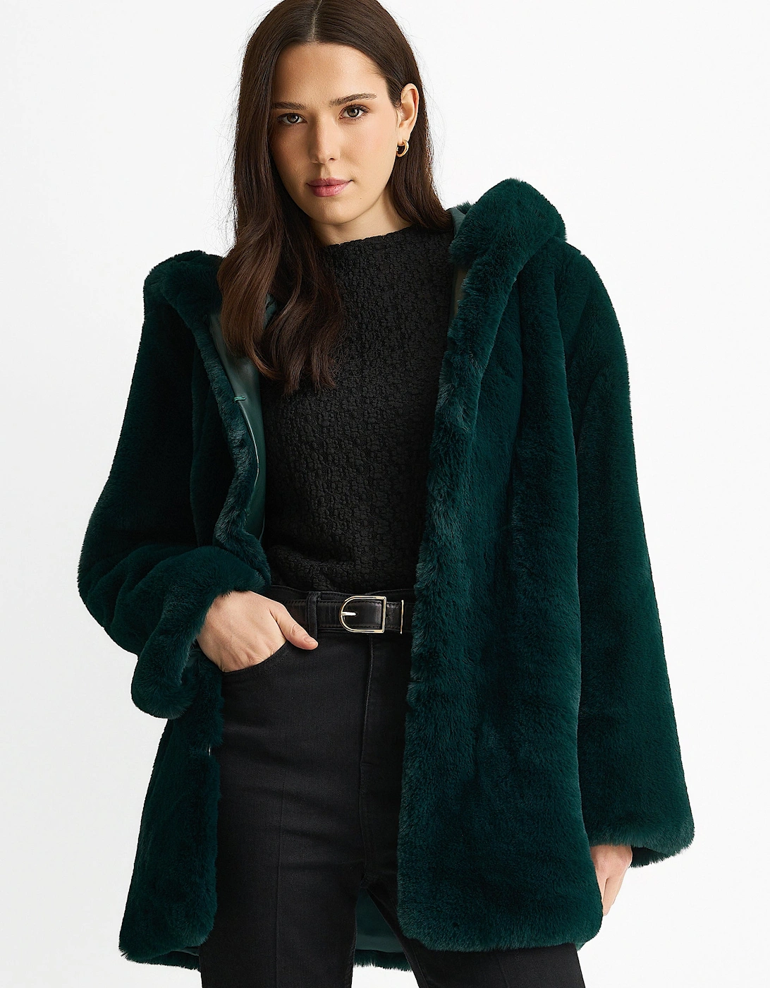Emerald Green Hooded Long Sleeve Faux Fur Jacket