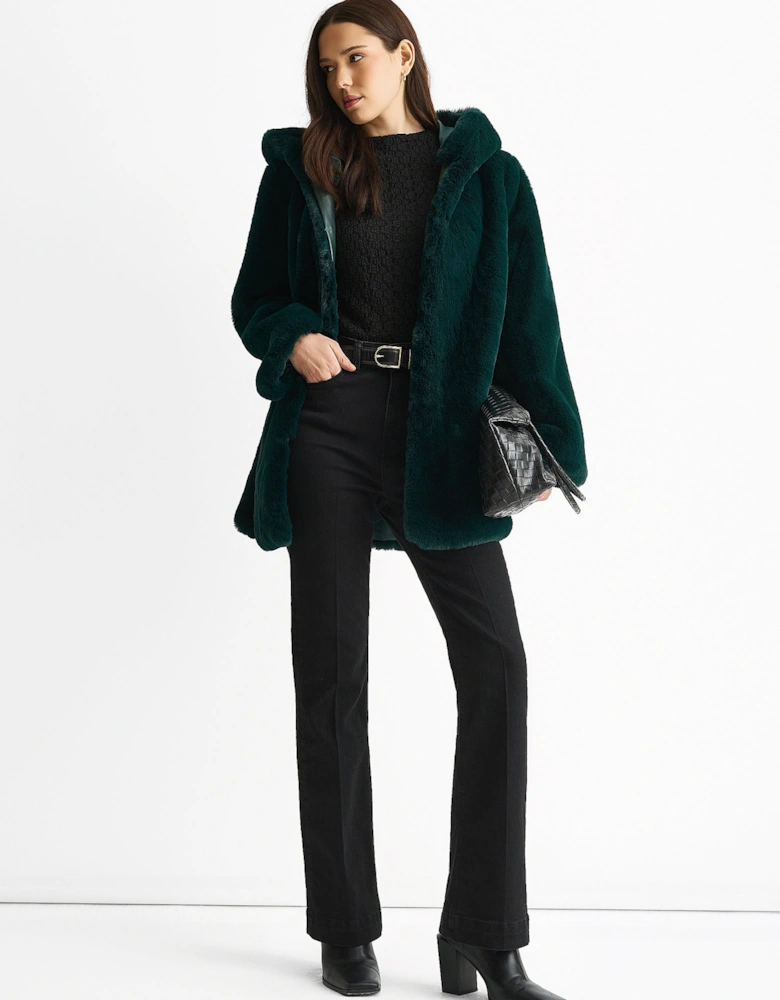 Emerald Green Hooded Long Sleeve Faux Fur Jacket