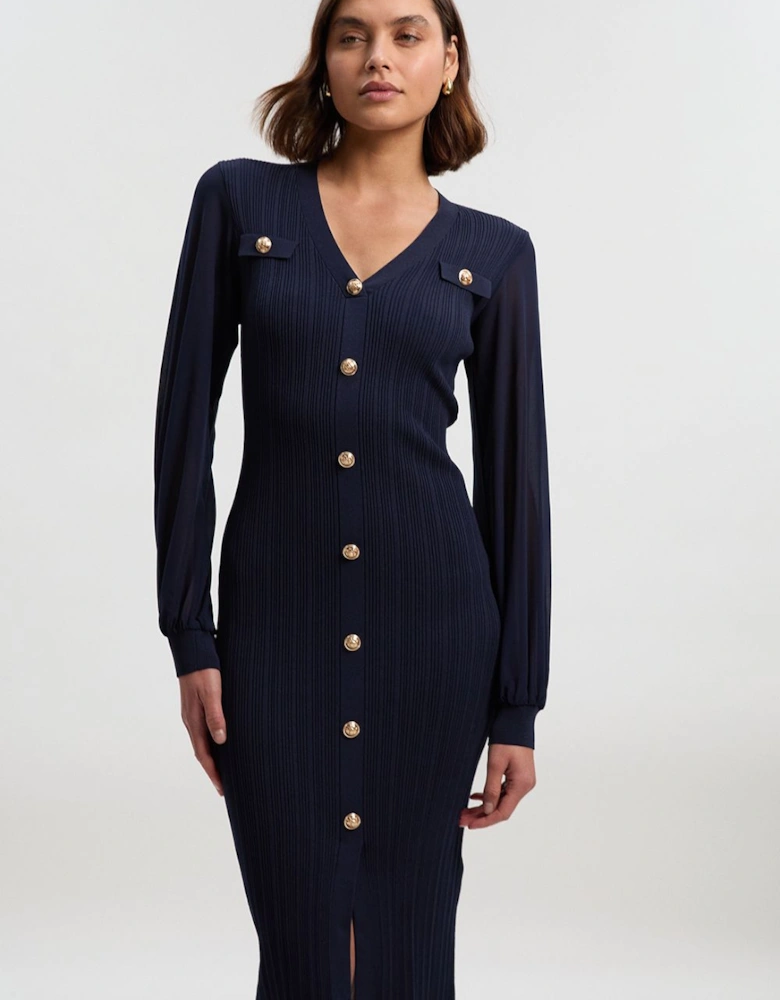 Viscose Blend Rib Knit Chiffon Sleeve Midi Dress