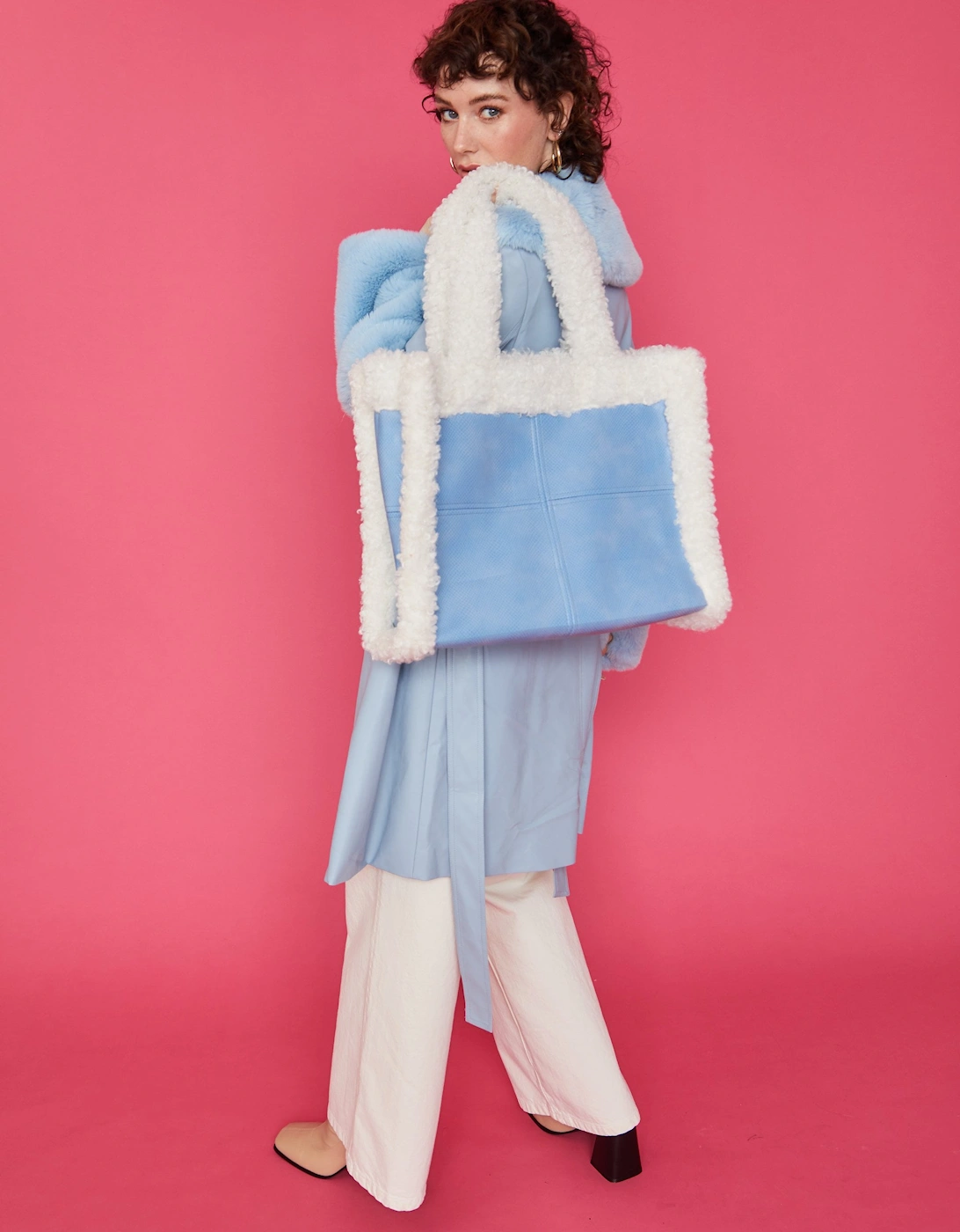 Blue Faux Shearling Large Tote Shopper Bag