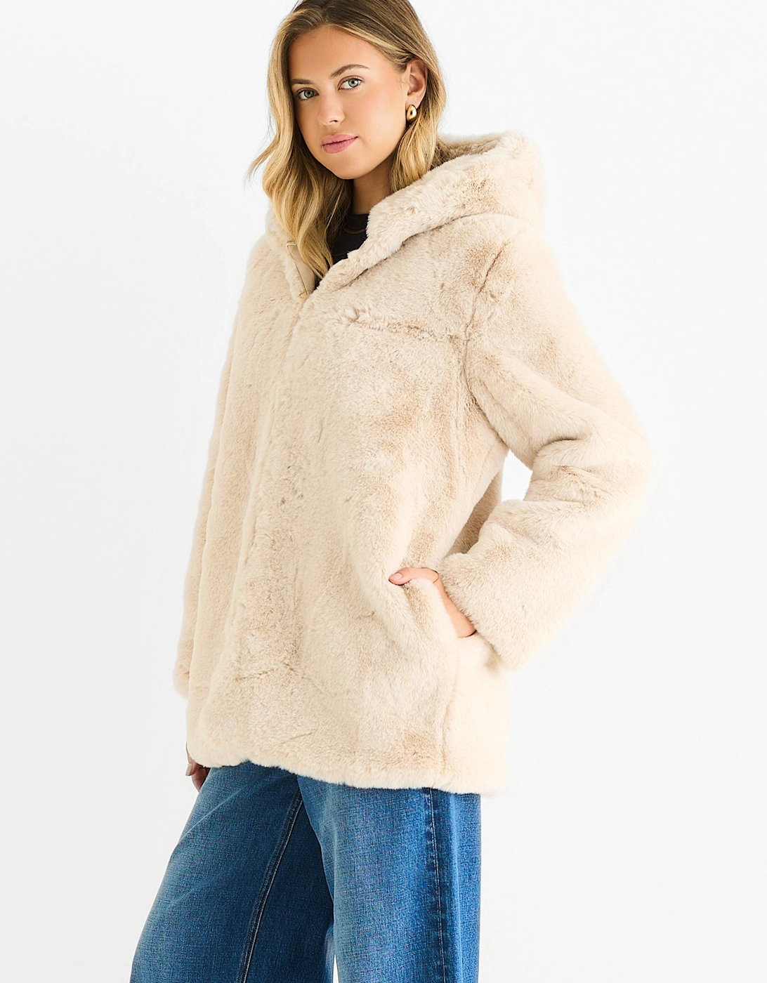 Stone Hooded Long Sleeve Faux Fur Jacket