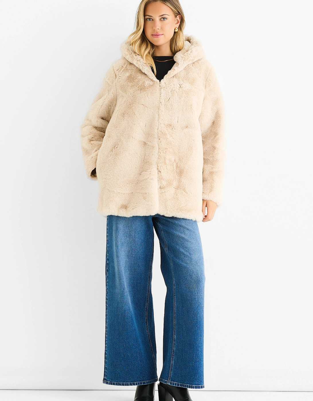 Gini London Women's Stone Hooded Long Sleeve Faux Fur Jacket - Tan - Size: 10/12
