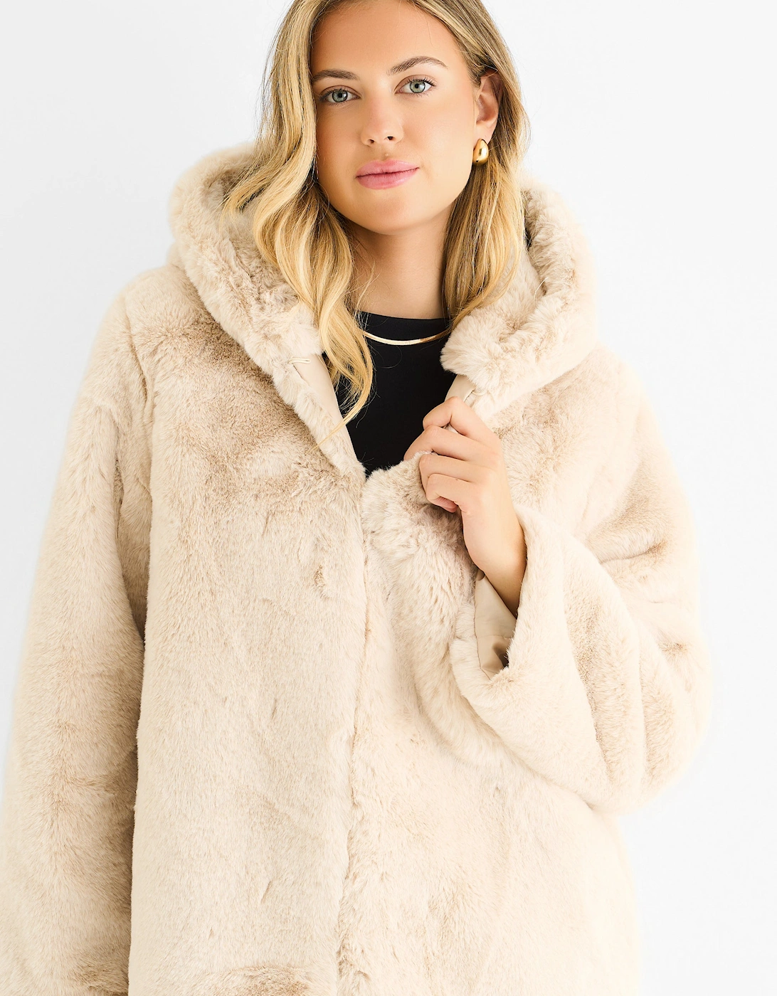 Stone Hooded Long Sleeve Faux Fur Jacket