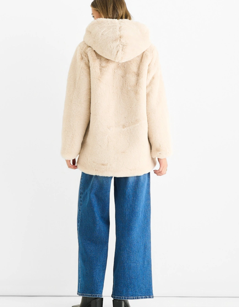 Stone Hooded Long Sleeve Faux Fur Jacket