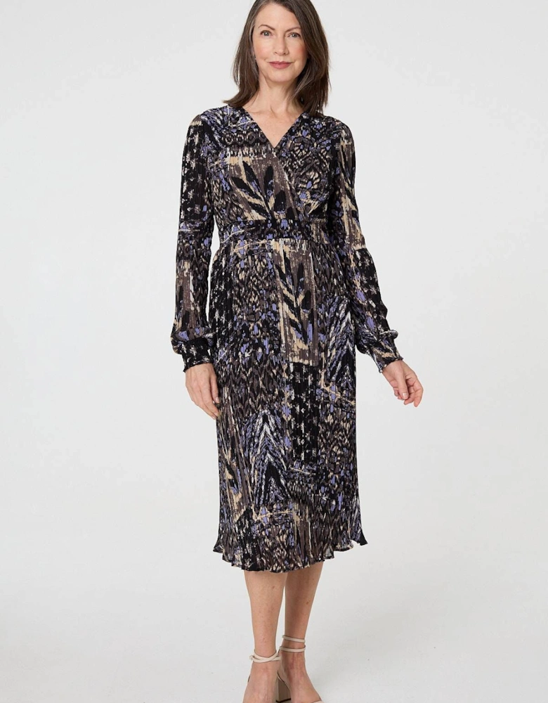 Printed Shirred Waist Midi Wrap Dress