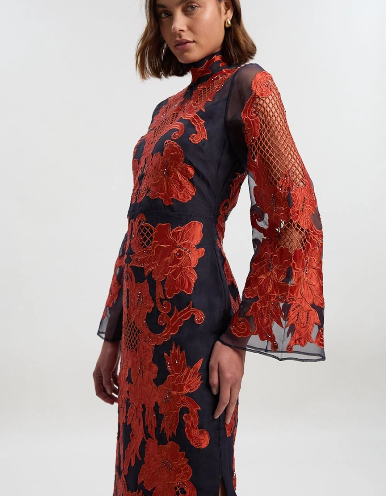 Baroque Organdie Applique And Beaded Bell Sleeve Woven Midi Dress