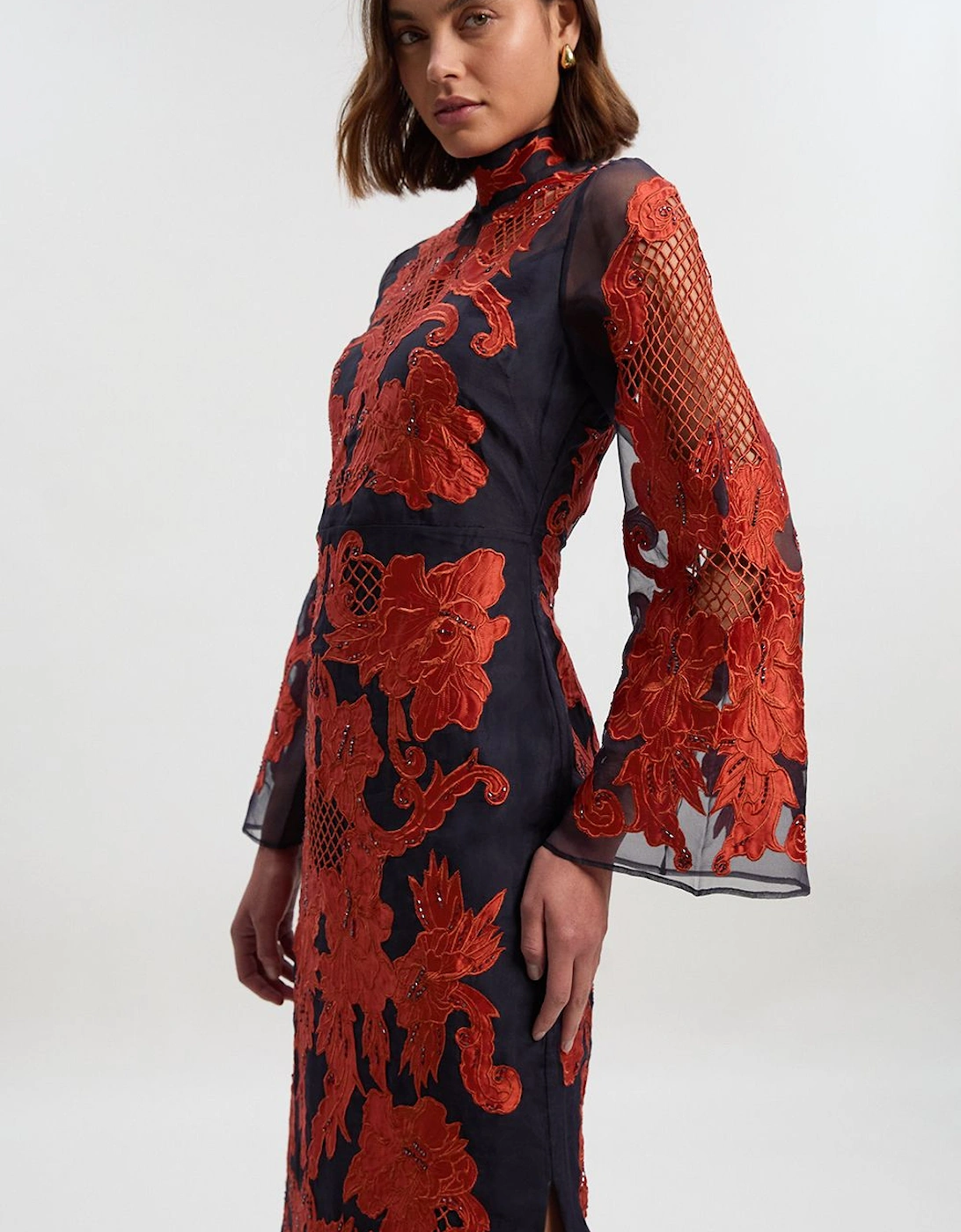 Baroque Organdie Applique And Beaded Bell Sleeve Woven Midi Dress, 2 of 1