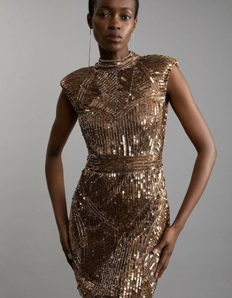 Premium Embellished Sequin And Beaded Strong Shoulder Mini Dress