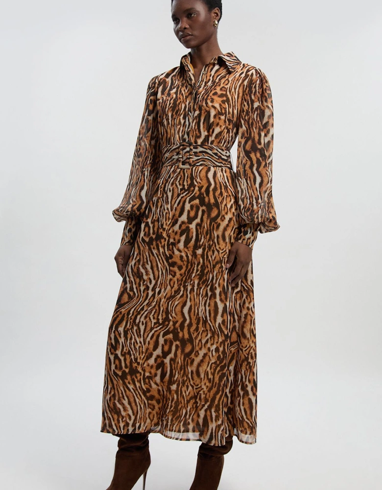 Animal Print Georgette Belted Woven Shirt Dress
