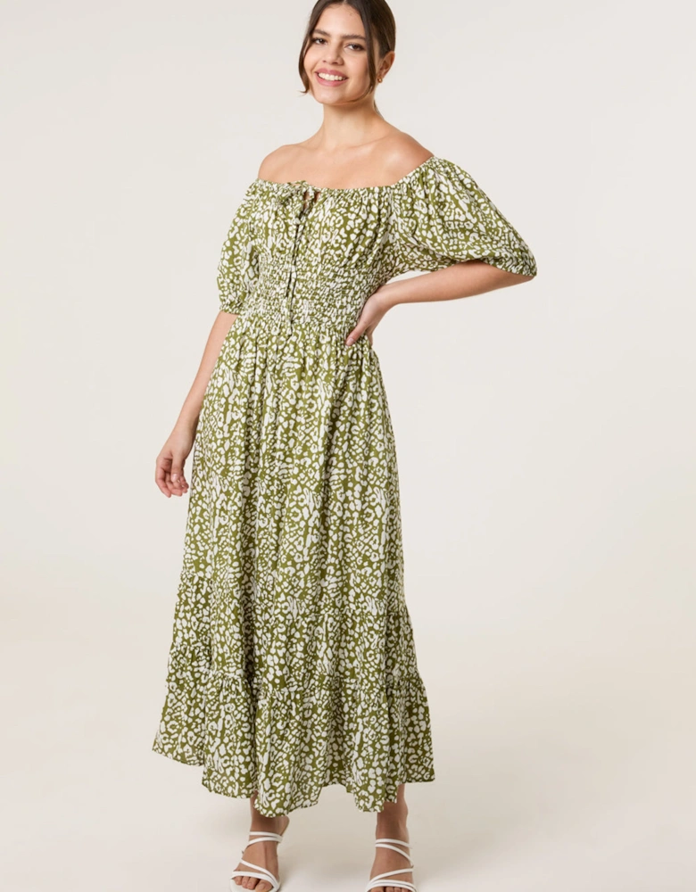 Khaki Tie Front Shirred Dress