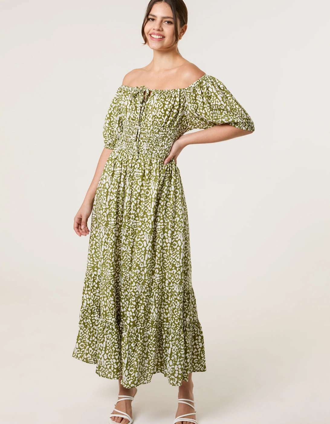 Khaki Tie Front Shirred Dress, 2 of 1