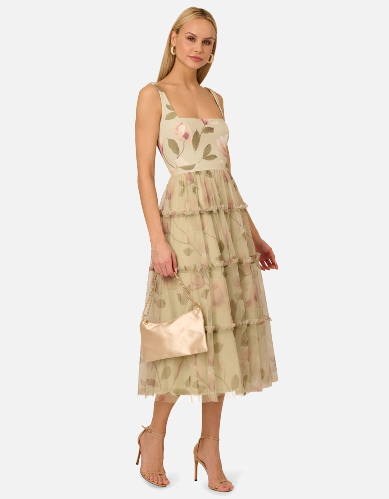 Printed Knit & Mesh Midi Dress