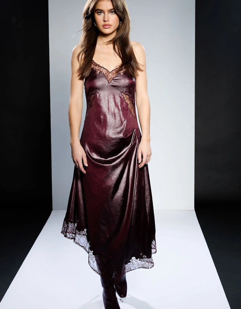 Pu Satin Slip Dress With Lace