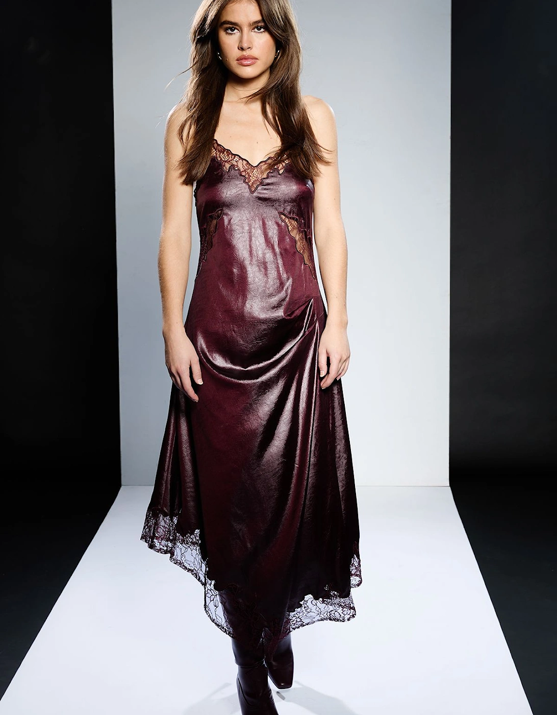 Pu Satin Slip Dress With Lace, 2 of 1