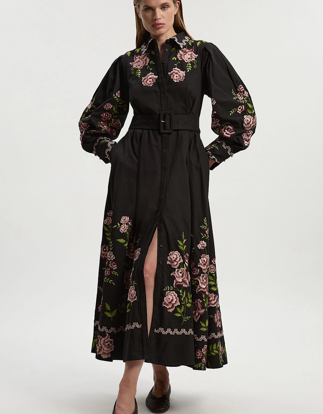Rose Embroidered Cotton Twill Woven Shirt Dress With Eyelets, 2 of 1