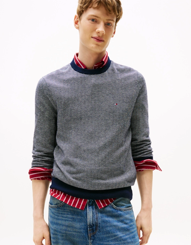 Pima Cotton Cashmere Herringbone Mens Crew Jumper - Desert Sky/Ivory Petal