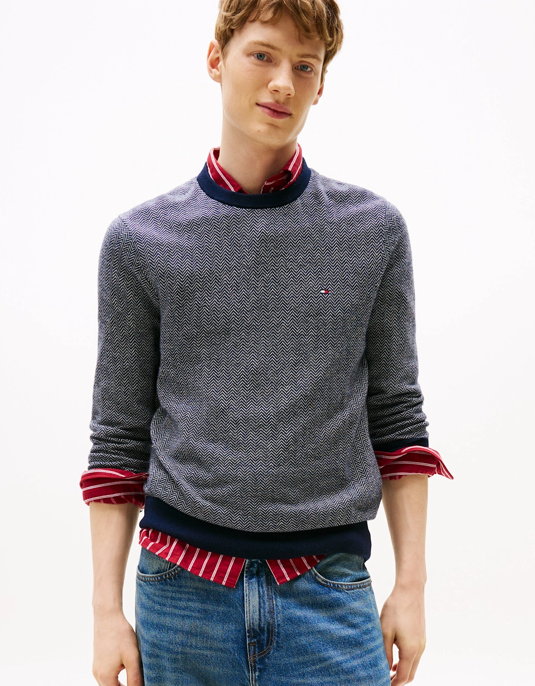 Pima Cotton Cashmere Herringbone Mens Crew Jumper - Desert Sky/Ivory Petal, 6 of 5