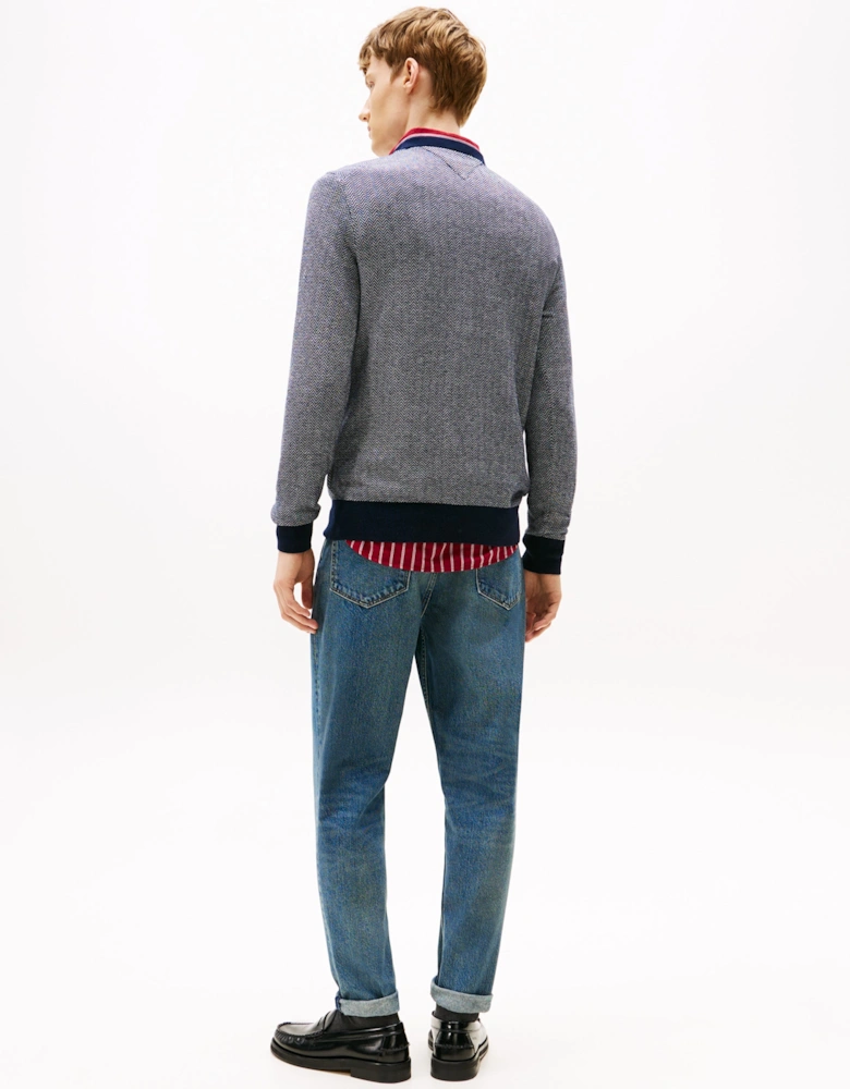 Pima Cotton Cashmere Herringbone Mens Crew Jumper - Desert Sky/Ivory Petal