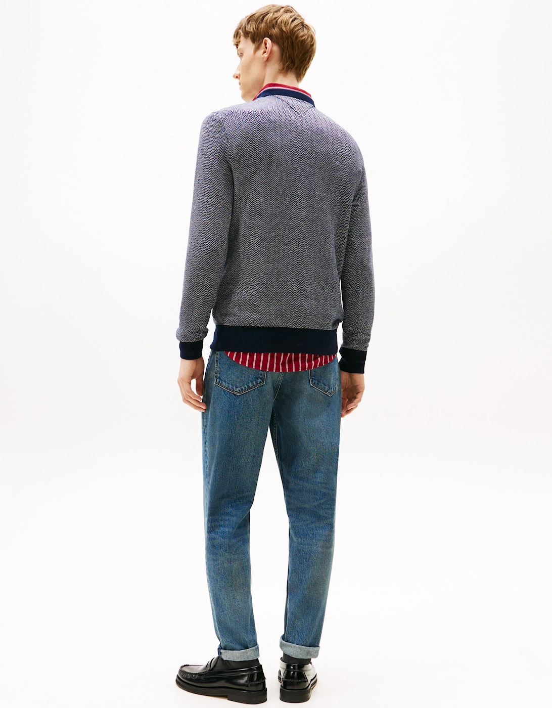 Pima Cotton Cashmere Herringbone Mens Crew Jumper - Desert Sky/Ivory Petal