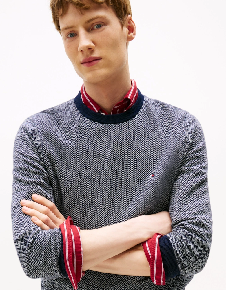 Pima Cotton Cashmere Herringbone Mens Crew Jumper - Desert Sky/Ivory Petal