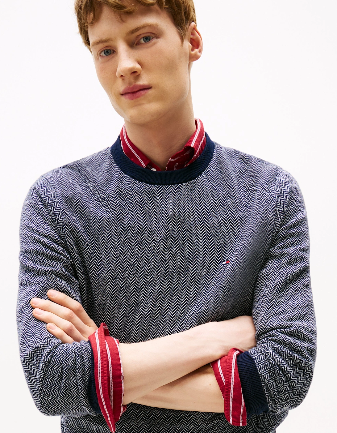 Pima Cotton Cashmere Herringbone Mens Crew Jumper - Desert Sky/Ivory Petal