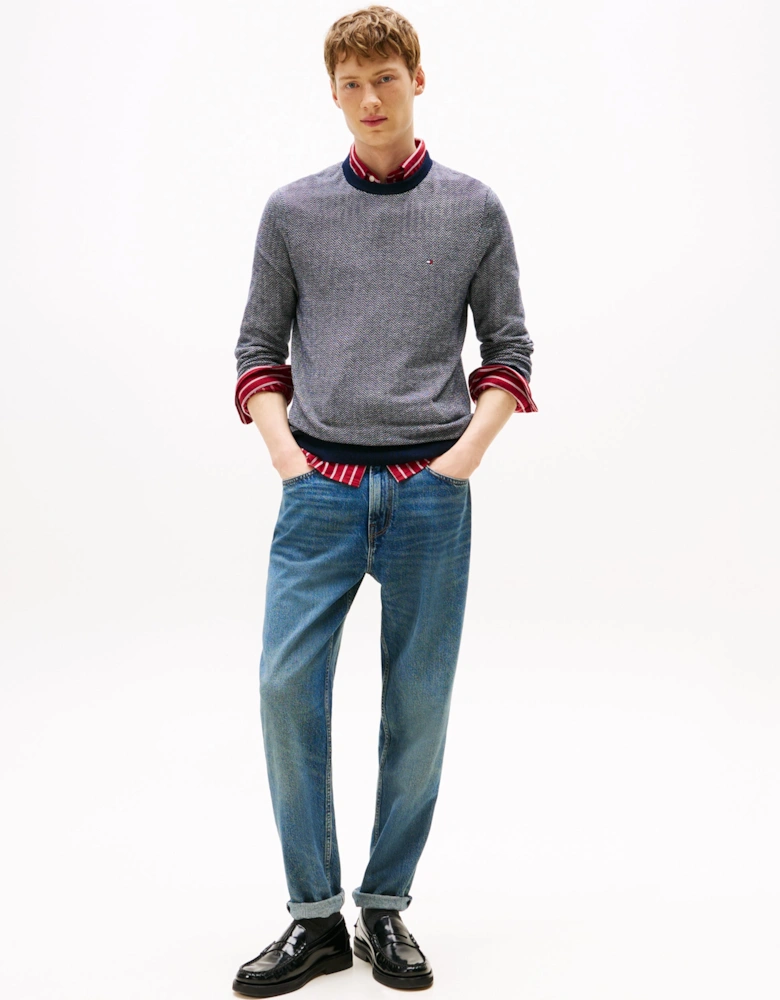 Pima Cotton Cashmere Herringbone Mens Crew Jumper - Desert Sky/Ivory Petal