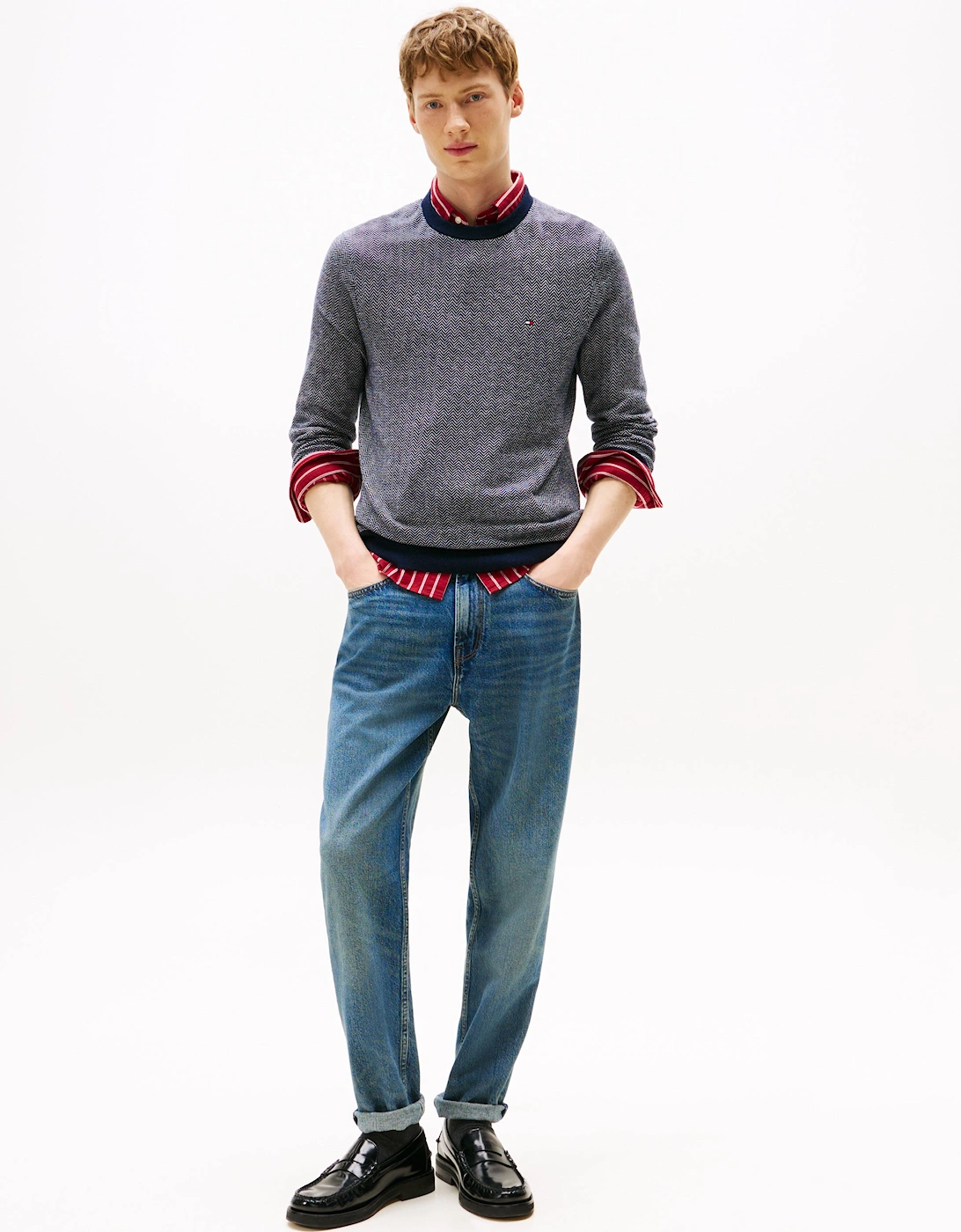 Pima Cotton Cashmere Herringbone Mens Crew Jumper - Desert Sky/Ivory Petal