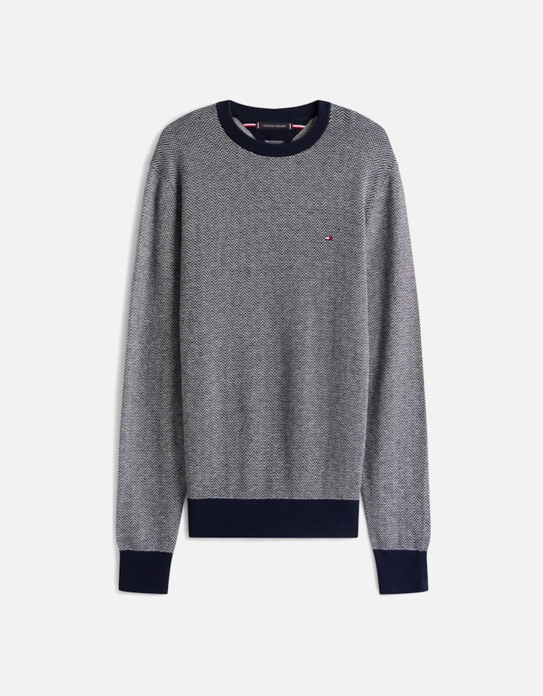 Pima Cotton Cashmere Herringbone Mens Crew Jumper - Desert Sky/Ivory Petal